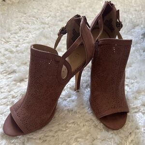 Peep-Toe Laser-Cut Slingback Heels in Brown